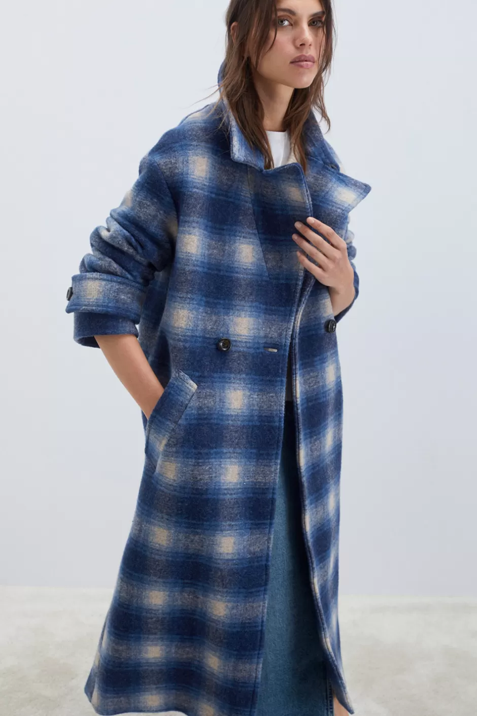 Donna Roy Rogers Cappotto Doppiopetto In Lana Check