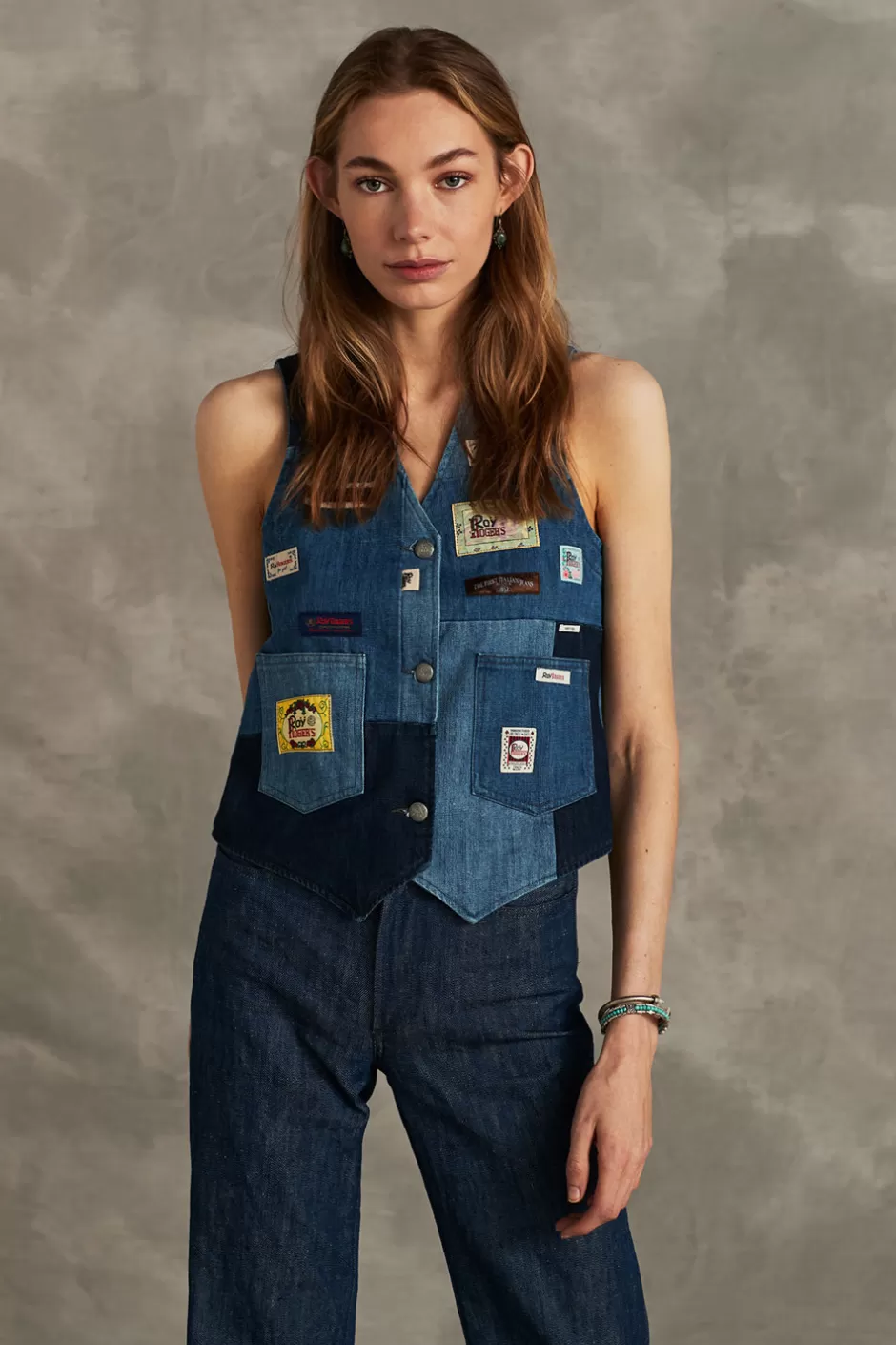 Donna Roy Rogers Gilet Patchwork 70th Denim Rinse